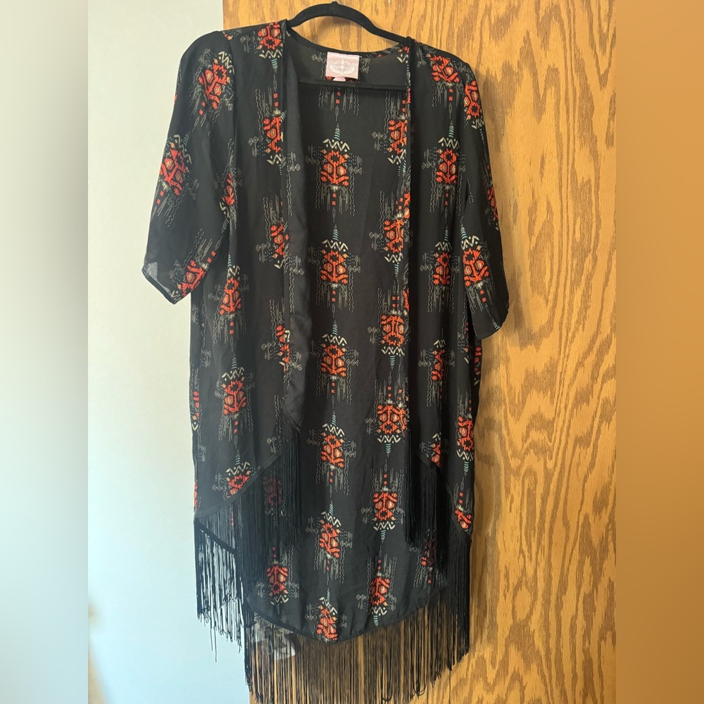 Black Kimono / Shrug with Red Pattern and Fringe Size Large